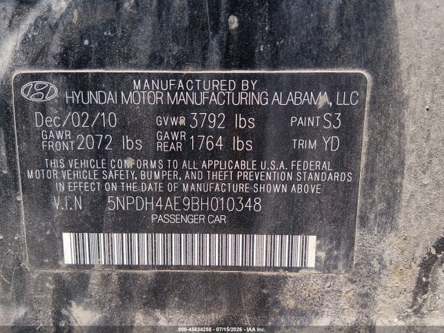 Aukcja sprzedaży 2011 Hyundai Elantra Limited, vin: 5NPDH4AE9BH010348, numer aukcji: 45634258