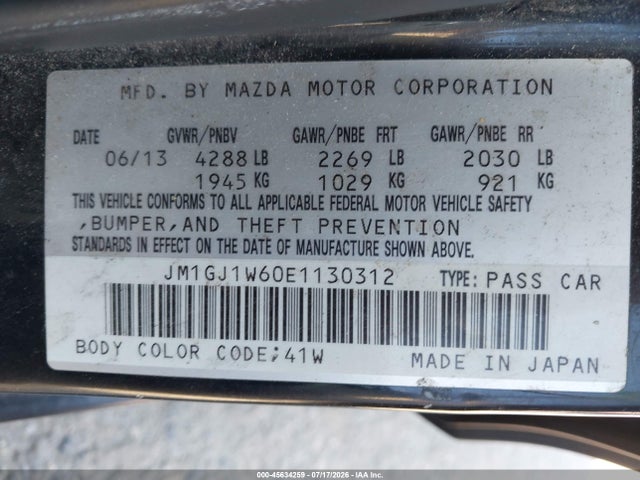 2014 Mazda Mazda6 I Grand Touring მანქანა იყიდება აუქციონზე, vin: JM1GJ1W60E1130312, აუქციონის ნომერი: 45634259