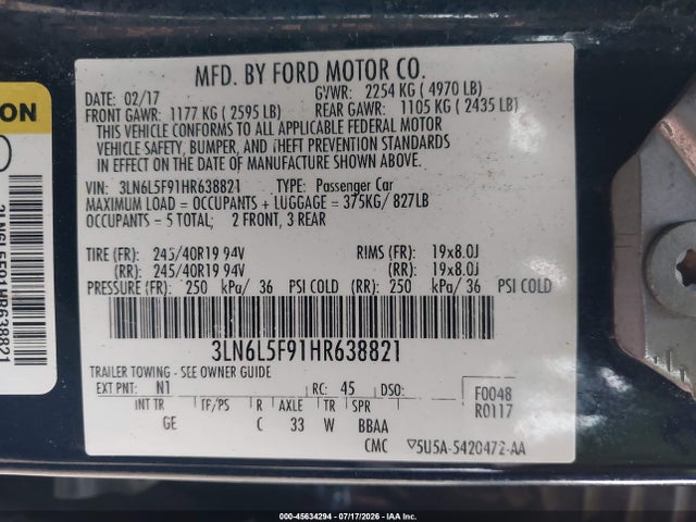 Auction sale of the 2017 Lincoln Mkz Reserve, vin: 3LN6L5F91HR638821, lot number: 45634294