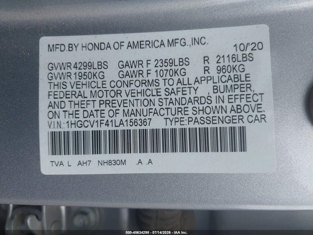 Продажа на аукционе авто 2020 Honda Accord Ex, vin: 1HGCV1F41LA156367, номер лота: 45634298