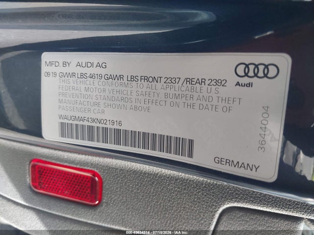 Продажа на аукционе авто 2019 Audi A4 40 Titanium Premium, vin: WAUGMAF43KN021916, номер лота: 45634314