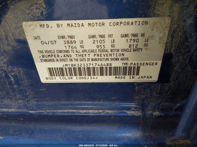 Aukcja sprzedaży 2007 Mazda Mazda3 S Sport, vin: JM1BK323371746488, numer aukcji: 45634335