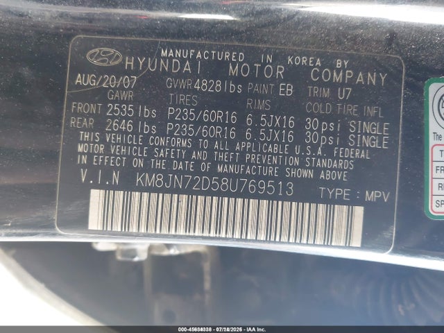 45634338 :رقم المزاد ، KM8JN72D58U769513 vin ، 2008 Hyundai Tucson Limited V6/se مزاد بيع