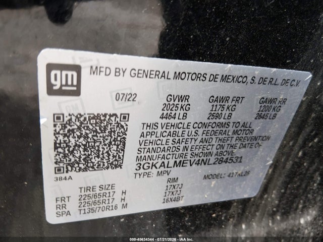 Aukcja sprzedaży 2022 Gmc Terrain Fwd Sle, vin: 3GKALMEV4NL284531, numer aukcji: 45634344