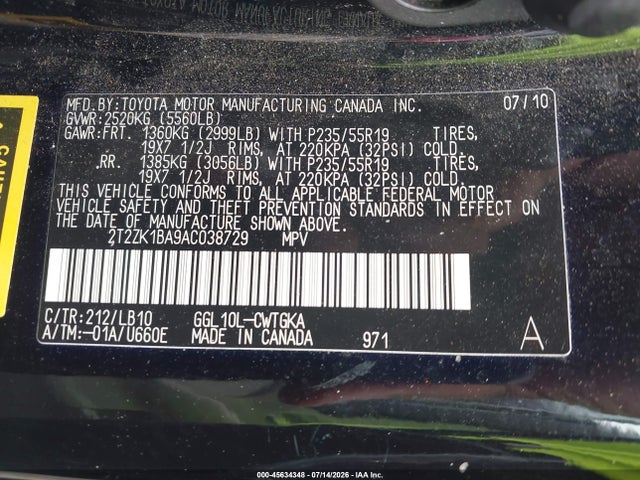 45634348 :رقم المزاد ، 2T2ZK1BA9AC038729 vin ، 2010 Lexus Rx 350 مزاد بيع