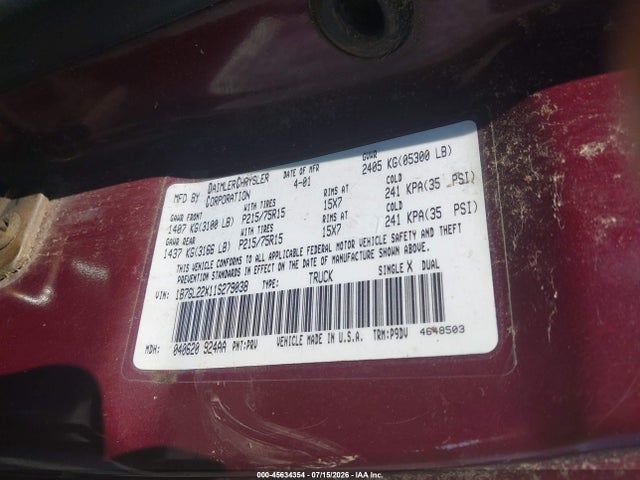 45634354 :رقم المزاد ، 1B7GL22X11S279038 vin ، 2001 Dodge Dakota Slt/sport مزاد بيع