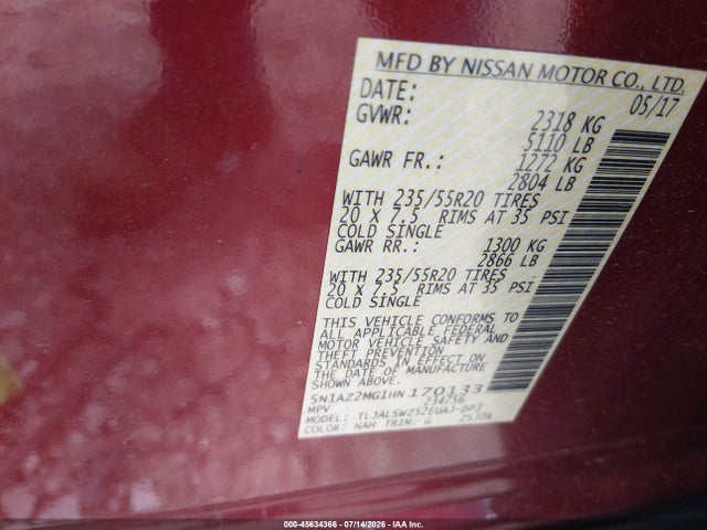 45634366 :رقم المزاد ، 5N1AZ2MG1HN170133 vin ، 2017 Nissan Murano Platinum مزاد بيع