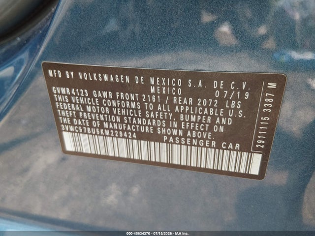 Aukcja sprzedaży 2019 Volkswagen Jetta 1.4t R-line/1.4t S/1.4t Se, vin: 3VWC57BU5KM229424, numer aukcji: 45634370