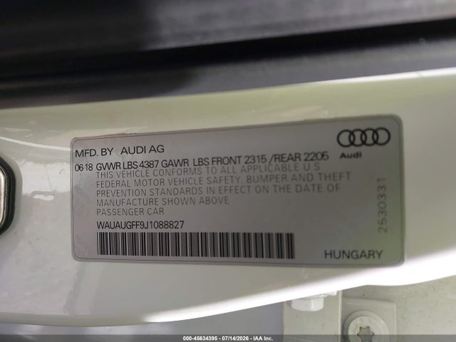 45634395 :رقم المزاد ، WAUAUGFF9J1088827 vin ، 2018 Audi A3 2.0t Premium/2.0t Tech Premium مزاد بيع