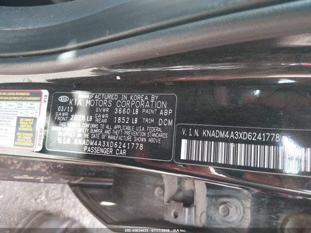 2013 Kia Rio Lx მანქანა იყიდება აუქციონზე, vin: KNADM4A3XD6241778, აუქციონის ნომერი: 45634433