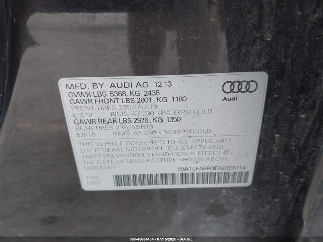 2014 Audi Q5 2.0t Premium მანქანა იყიდება აუქციონზე, vin: WA1LFAFP0EA069014, აუქციონის ნომერი: 45634454