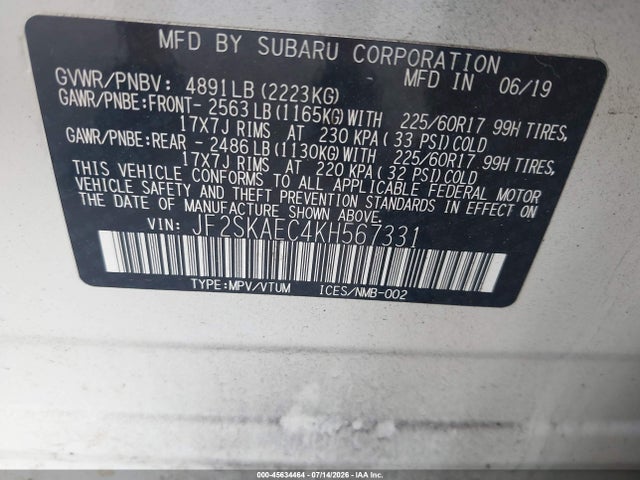 Aukcja sprzedaży 2019 Subaru Forester Premium, vin: JF2SKAEC4KH567331, numer aukcji: 45634464