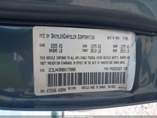 2006 Chrysler 300 მანქანა იყიდება აუქციონზე, vin: 2C3LA43R86H172068, აუქციონის ნომერი: 45634481