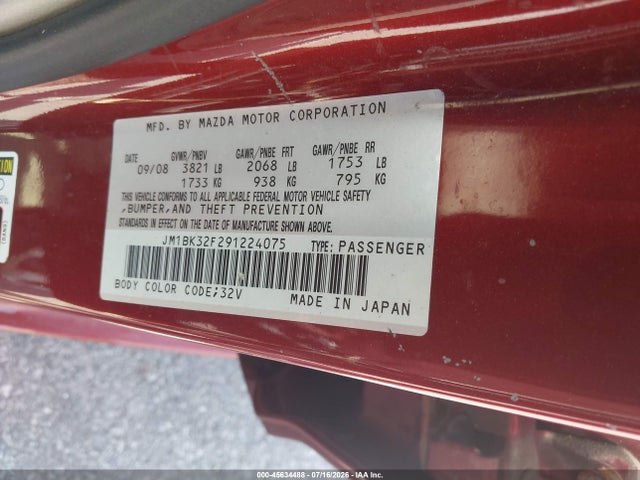 Aukcja sprzedaży 2009 Mazda Mazda3 I, vin: JM1BK32F291224075, numer aukcji: 45634488