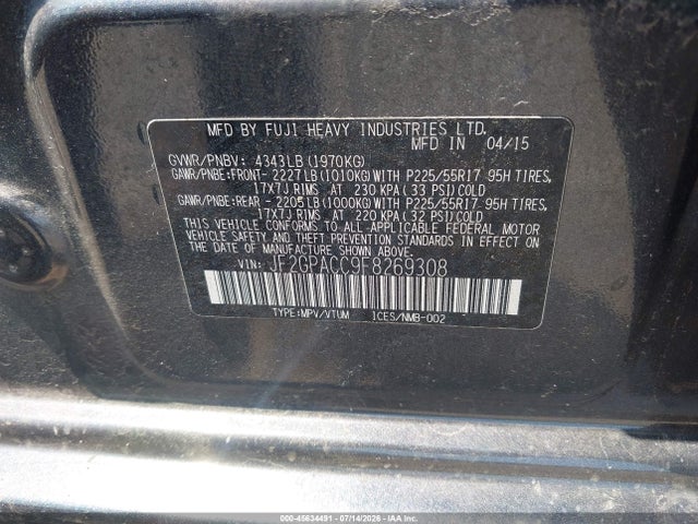 2015 Subaru Xv Crosstrek 2.0i Premium მანქანა იყიდება აუქციონზე, vin: JF2GPACC9F8269308, აუქციონის ნომერი: 45634491