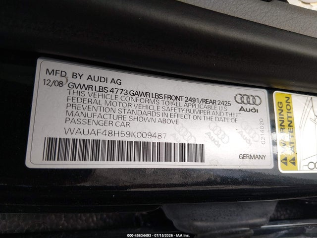 Продаж на аукціоні авто 2009 Audi A4 2.0t Special Edition, vin: WAUAF48H59K009487, номер лоту: 45634493