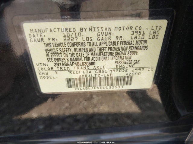 Продаж на аукціоні авто 2011 Nissan Sentra 2.0sr, vin: 3N1AB6AP4BL630500, номер лоту: 45634500