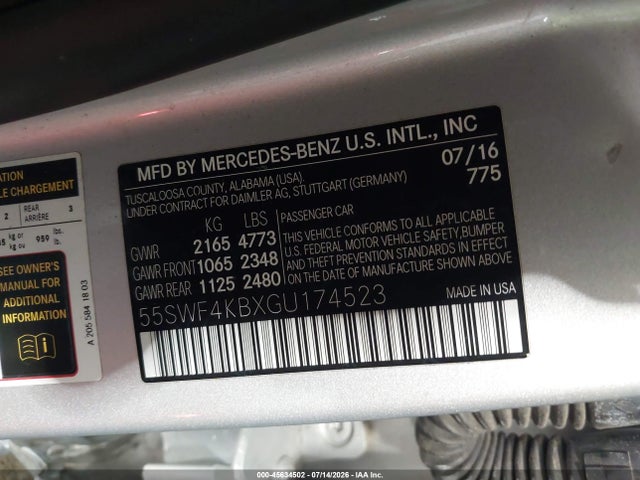 45634502 :رقم المزاد ، 55SWF4KBXGU174523 vin ، 2016 Mercedes-benz C 300 4matic مزاد بيع