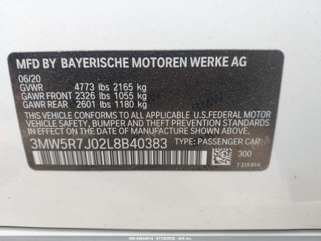 Auction sale of the 2020 Bmw 330i Xdrive, vin: 3MW5R7J02L8B40383, lot number: 45634514