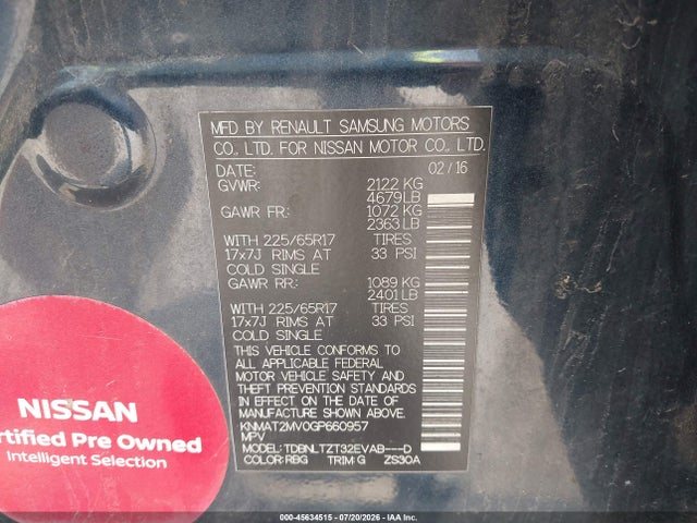 45634515 :رقم المزاد ، KNMAT2MV0GP660957 vin ، 2016 Nissan Rogue Sv مزاد بيع