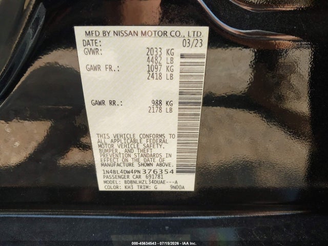 45634543 :رقم المزاد ، 1N4BL4DW4PN376354 vin ، 2023 Nissan Altima Sv Intelligent Awd مزاد بيع