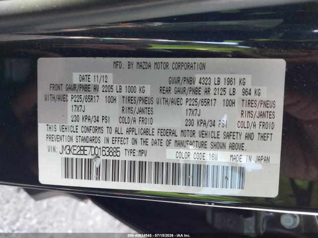 45634545 :رقم المزاد ، JM3KE2BE7D0163885 vin ، 2013 Mazda Cx-5 Sport مزاد بيع