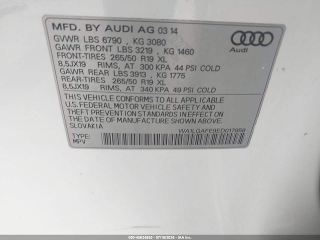 Продаж на аукціоні авто 2014 Audi Q7 3.0t Premium, vin: WA1LGAFE9ED017858, номер лоту: 45634555