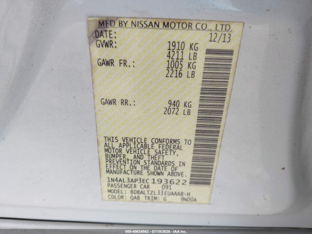 Aukcja sprzedaży 2014 Nissan Altima 2.5 Sv, vin: 1N4AL3AP3EC193622, numer aukcji: 45634562