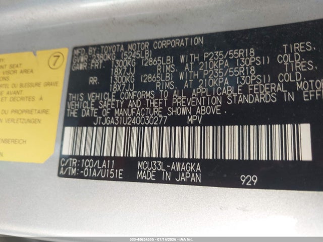 45634595 :رقم المزاد ، JTJGA31U240030277 vin ، 2004 Lexus Rx 330 مزاد بيع