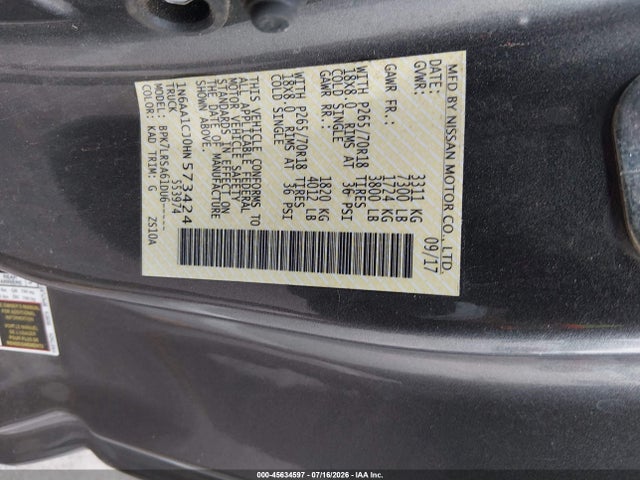 Aukcja sprzedaży 2017 Nissan Titan S, vin: 1N6AA1CJ0HN573424, numer aukcji: 45634597