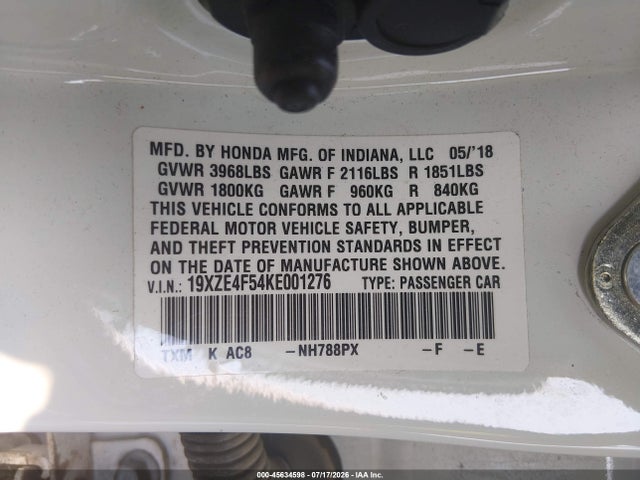 Aukcja sprzedaży 2019 Honda Insight Ex, vin: 19XZE4F54KE001276, numer aukcji: 45634598