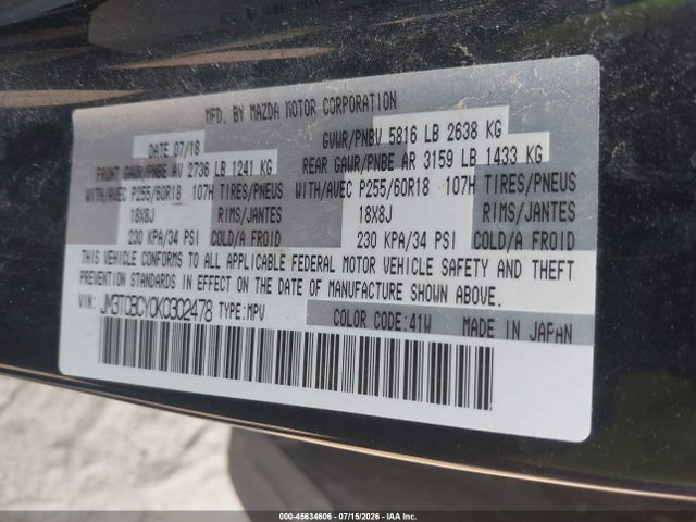 Продаж на аукціоні авто 2019 Mazda Cx-9 Touring, vin: JM3TCBCY0K0302478, номер лоту: 45634606