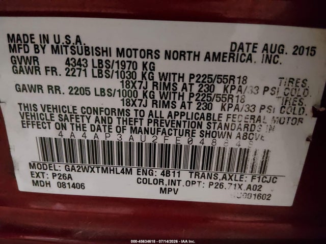 Aukcja sprzedaży 2015 Mitsubishi Outlander Sport Es, vin: 4A4AP3AU2FE048848, numer aukcji: 45634618