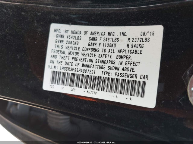 Продажа на аукционе авто 2017 Honda Accord Touring V6, vin: 1HGCR3F98HA007201, номер лота: 45634630