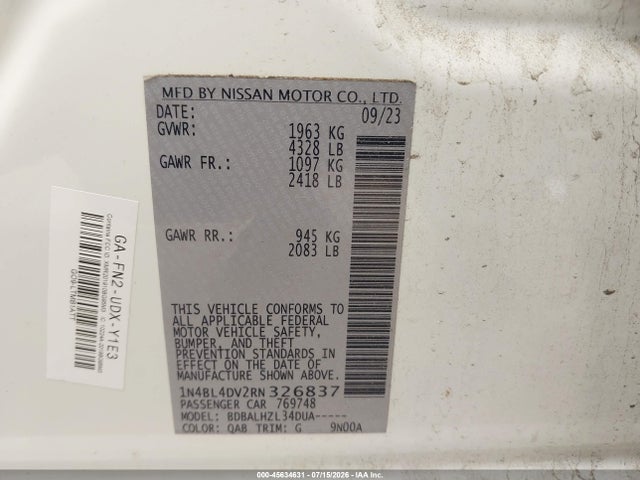 1N4BL4DV2RN326837 Nissan Altima Sv Fwd