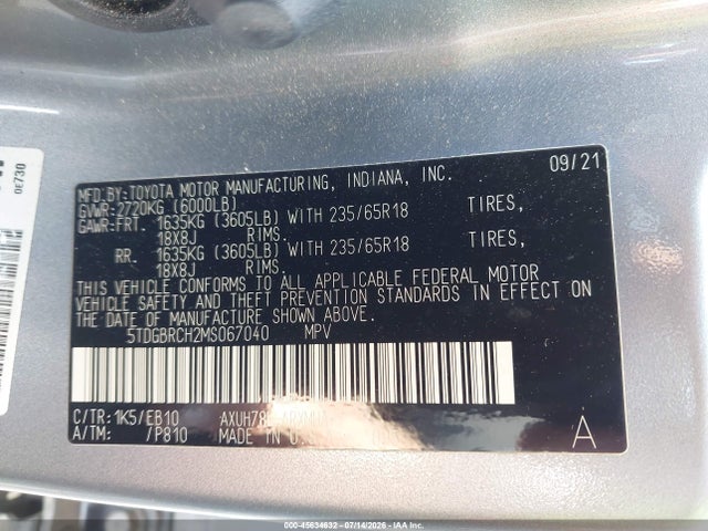 Aukcja sprzedaży 2021 Toyota Highlander Hybrid Xle, vin: 5TDGBRCH2MS067040, numer aukcji: 45634632