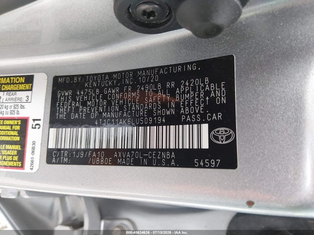 4T1C11AK6LU509194 Toyota CAMRY LE
