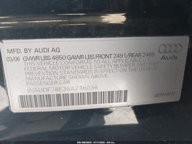 Продаж на аукціоні авто 2006 Audi A4 2.0t, vin: WAUDF78E36A236036, номер лоту: 45634639
