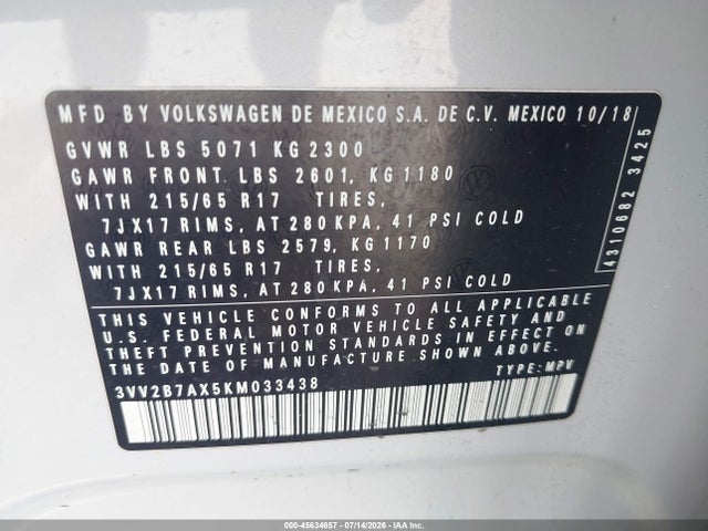 Aukcja sprzedaży 2019 Volkswagen Tiguan 2.0t Se/2.0t Sel/2.0t Sel R-line/2.0t Sel R-line Black, vin: 3VV2B7AX5KM033438, numer aukcji: 45634657
