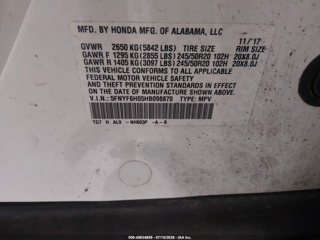 Honda Pilot Elite 2017 5FNYF6H05HB098870 Image 9