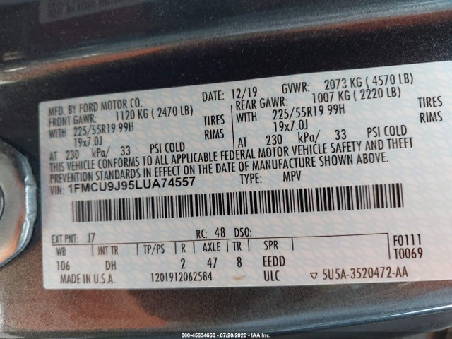2020 Ford Escape Titanium მანქანა იყიდება აუქციონზე, vin: 1FMCU9J95LUA74557, აუქციონის ნომერი: 45634660