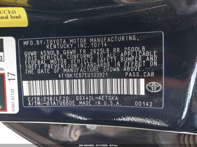 2014 Toyota Avalon Xle Premium მანქანა იყიდება აუქციონზე, vin: 4T1BK1EB7EU133921, აუქციონის ნომერი: 45634662
