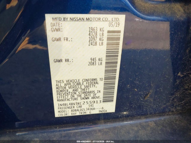 45634681 :رقم المزاد ، 1N4BL4BV3KC255913 vin ، 2019 Nissan Altima 2.5 S مزاد بيع
