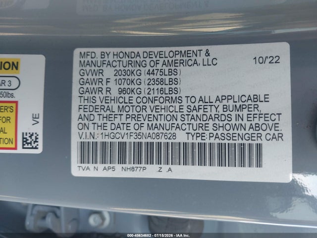 1HGCV1F35NA087628 Honda Accord Sport