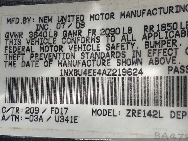 Продаж на аукціоні авто 2010 Toyota Corolla S, vin: 1NXBU4EE4AZ219624, номер лоту: 45634685