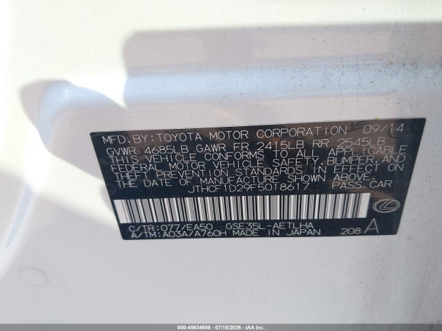 45634698 :رقم المزاد ، JTHCF1D29F5018617 vin ، 2015 Lexus Is 250 مزاد بيع
