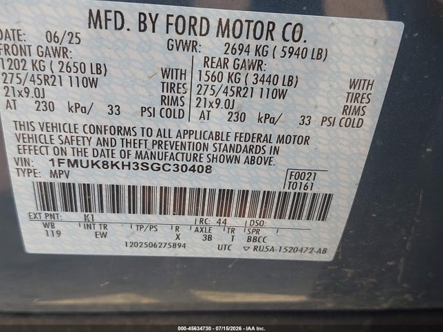 2025 Ford Explorer St-line მანქანა იყიდება აუქციონზე, vin: 1FMUK8KH3SGC30408, აუქციონის ნომერი: 45634730