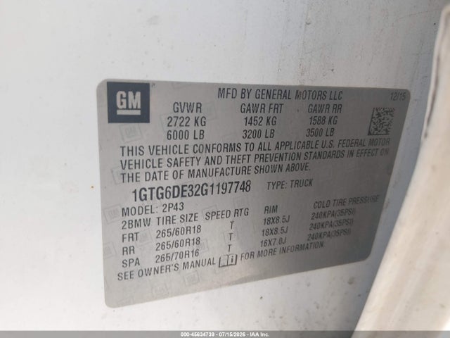 Aukcja sprzedaży 2016 Gmc Canyon Slt, vin: 1GTG6DE32G1197748, numer aukcji: 45634739
