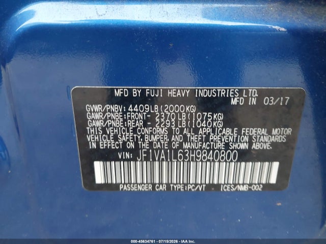 Продаж на аукціоні авто 2017 Subaru Wrx Limited, vin: JF1VA1L63H9840800, номер лоту: 45634761