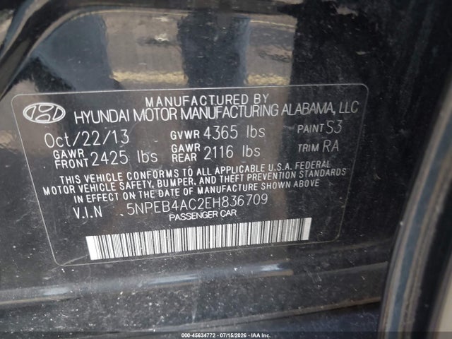 2014 Hyundai Sonata Gls მანქანა იყიდება აუქციონზე, vin: 5NPEB4AC2EH836709, აუქციონის ნომერი: 45634772
